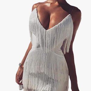 ECHOINE size XL Sleeveless White Tassels Bodycon Mini Dress